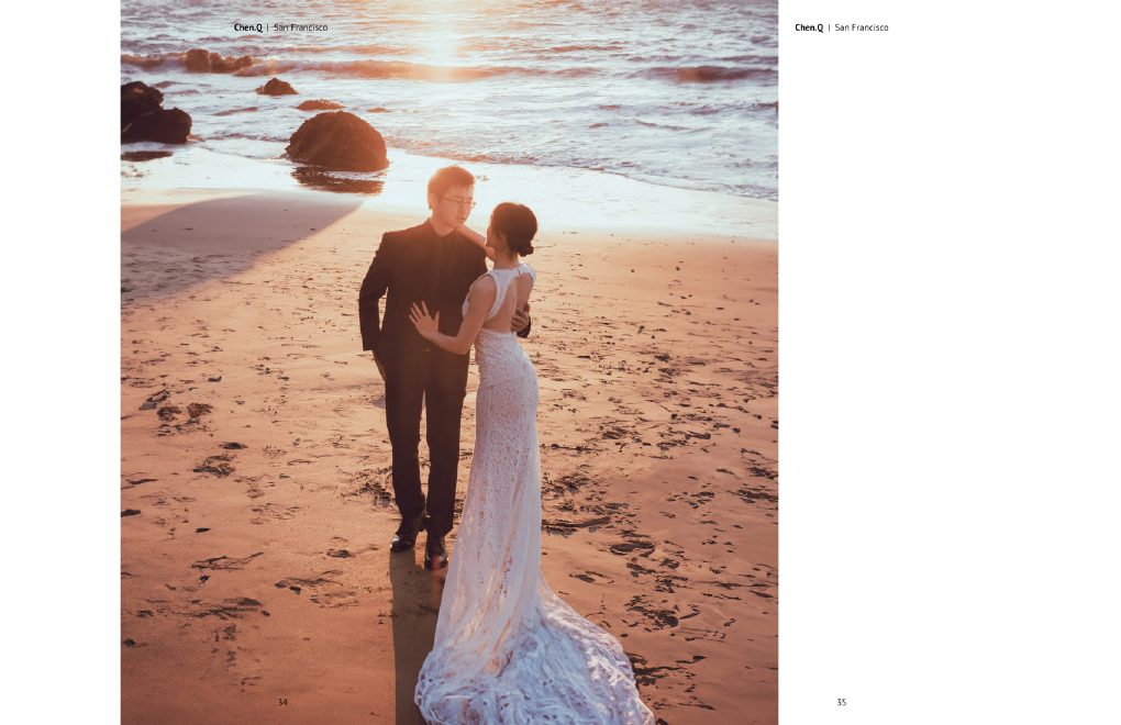 Wedding couple walking along the beach