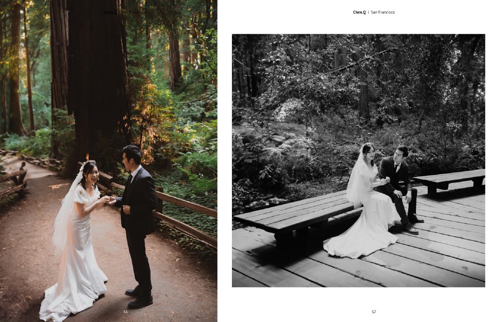 Wedding couple in a redwood forest